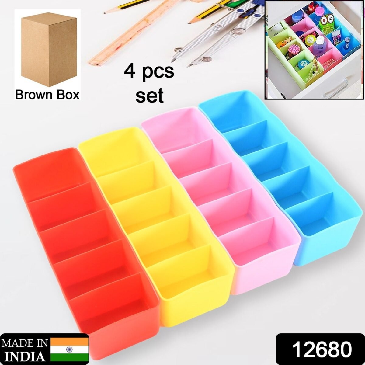 Desktop Storage Organizer Box Set - 5 Grid Compartments for Clothing, Underwear, Socks & Ties (4-Piece) - Image 3