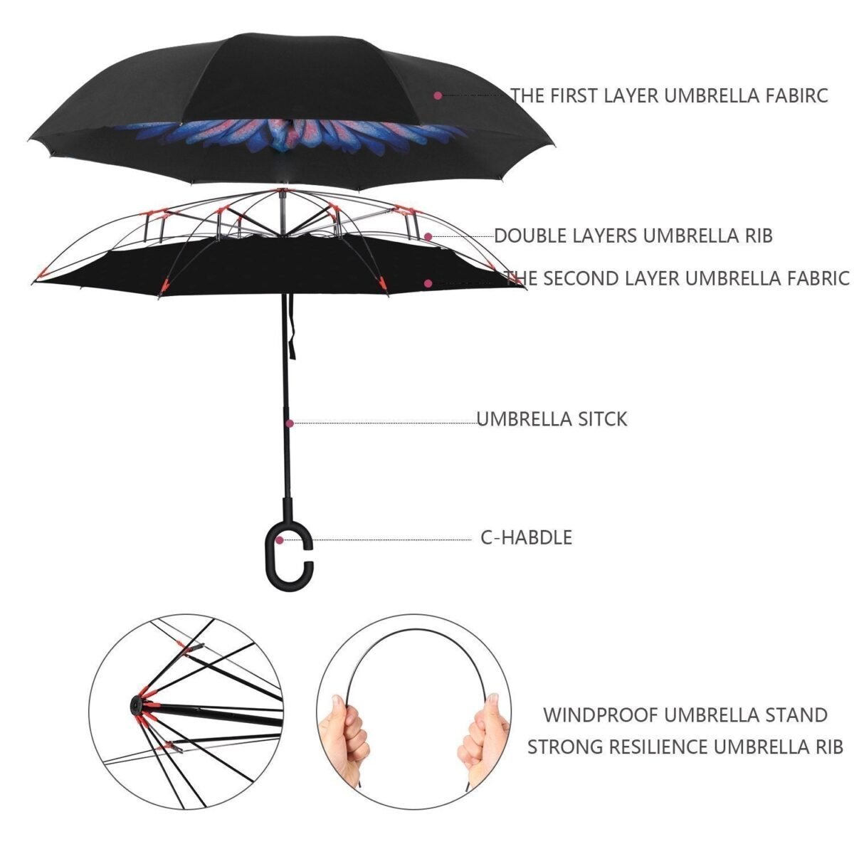 Plain design Windproof Upside Down Reverse Umbrella with C-Shaped Handle - Image 3