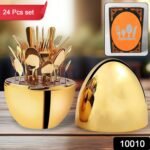 Premium Cutlery Set 24 Pcs with Oval Shaped Stand | Beautiful Stylish Oval Designed Cutlery Sets, Egg-Shaped Luxury Spoon Holder Set  (Golden / 24 pcs set) - Image 2