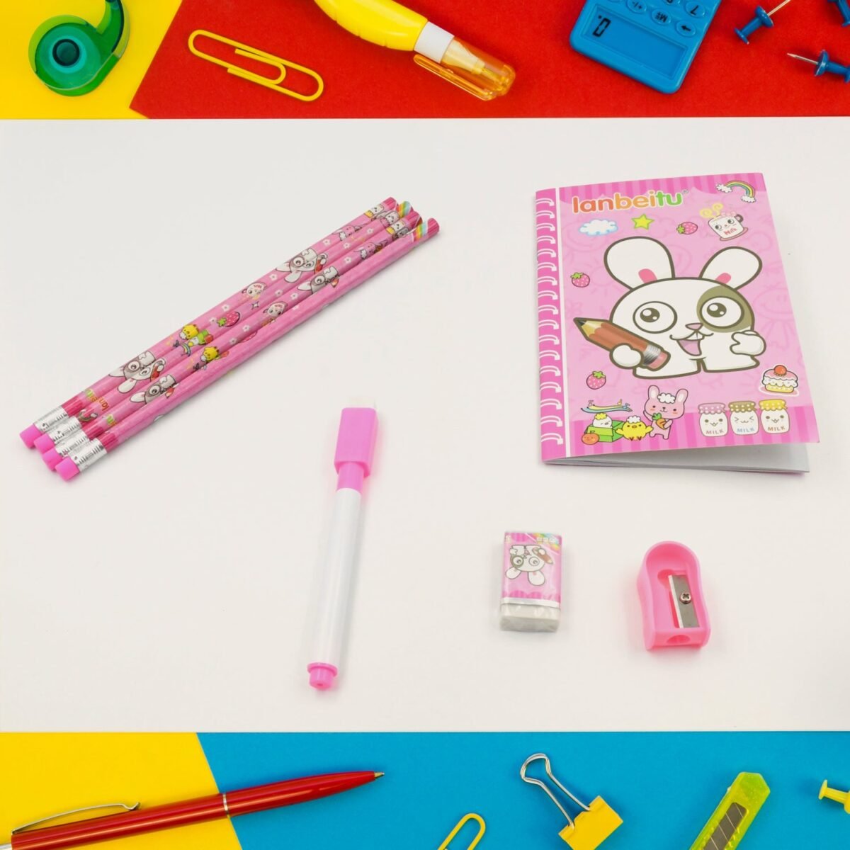 Kids' Stationery Kit: Wooden Pencils, Sharpener, Eraser, Diary (8 Pc Set) - Image 1