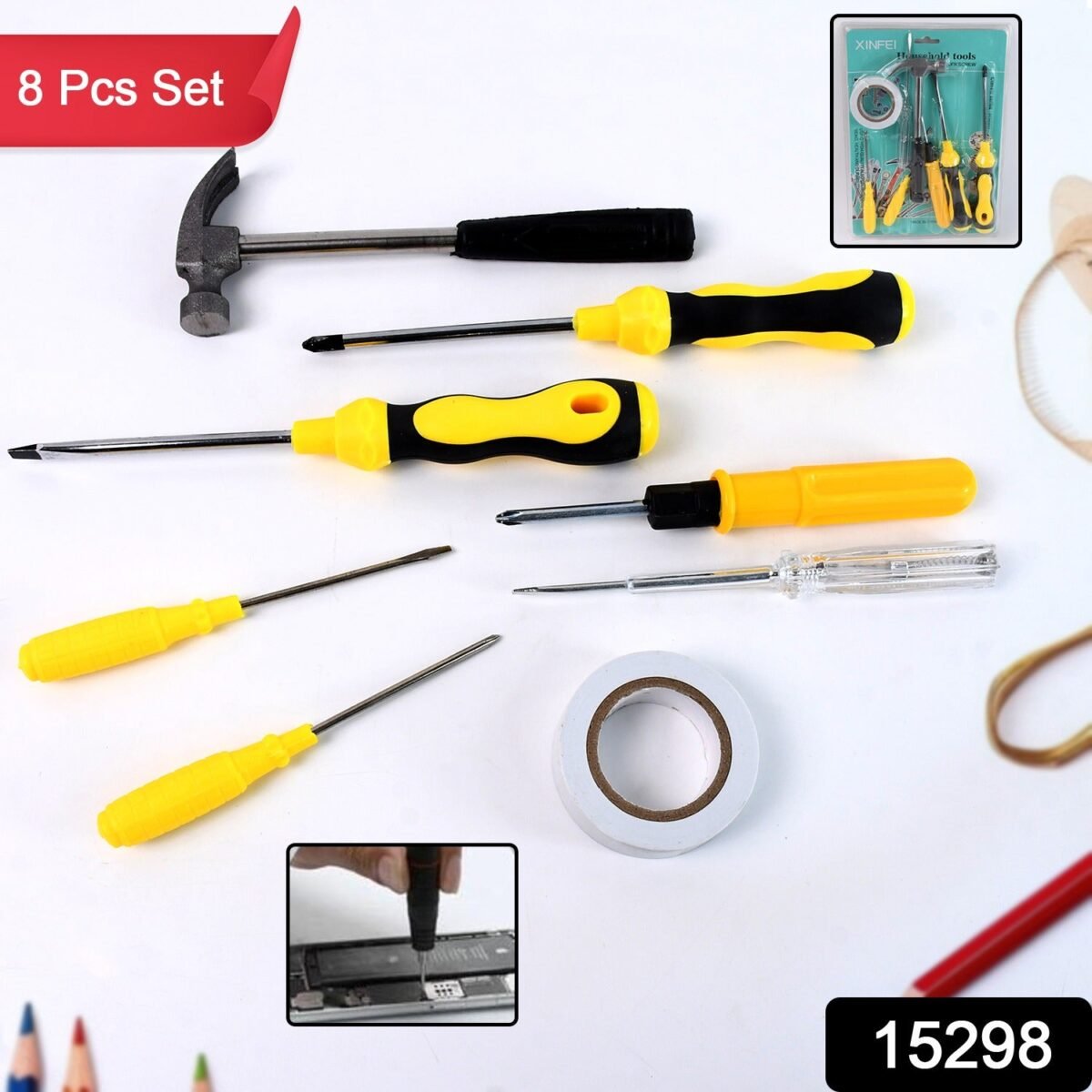 8 In 1 Hand Tool Kit, Steel And Plastic Hammer, Screwdriver & Tape - Image 2