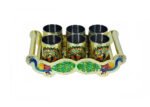 Peacock Design Glass with Handle and Handicraft Serving Tray Set