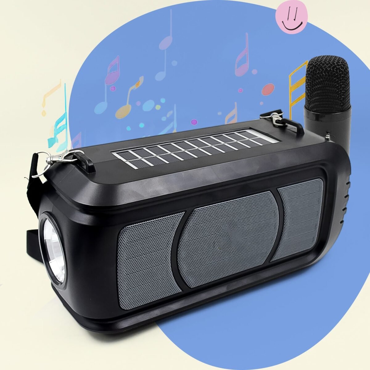 Wireless Bluetooth Speaker 5W High Bass with Wireless Mic / Microphone, LED Torch, Solar Charging, Support USB & Adjustable Strap (1 Set) - Image 2