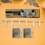 Stainless Steel Utensil Hanger Rail Nail Free Wall Mount with 2 Magic Stickers & 6 Plastic Hooks For Kitchen