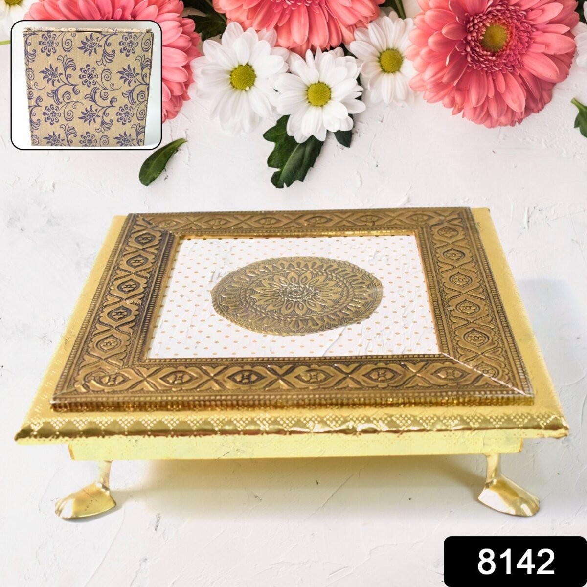 Golden - Square Pooja Chowki Patla / Bajot (20×20 CM / 1 Pc) - Image 2