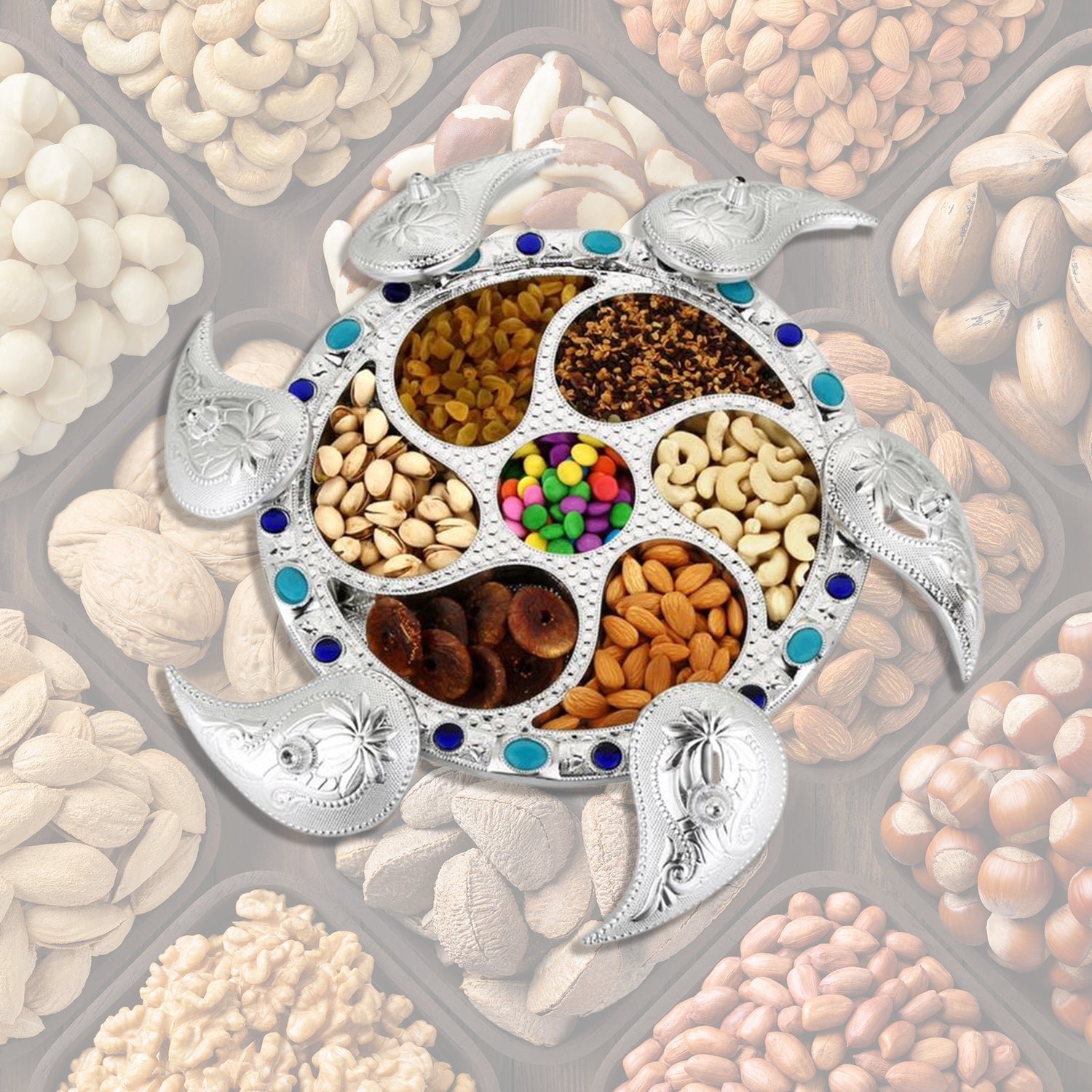 2_7f4c54dd-4048-4c52-9689-afb61d708132.jpg Multipurpose 7 Compartment Dry Fruit Serving Rotating Tray ,Chocolate, Snacks Storage Box, Masala Box - Image 1