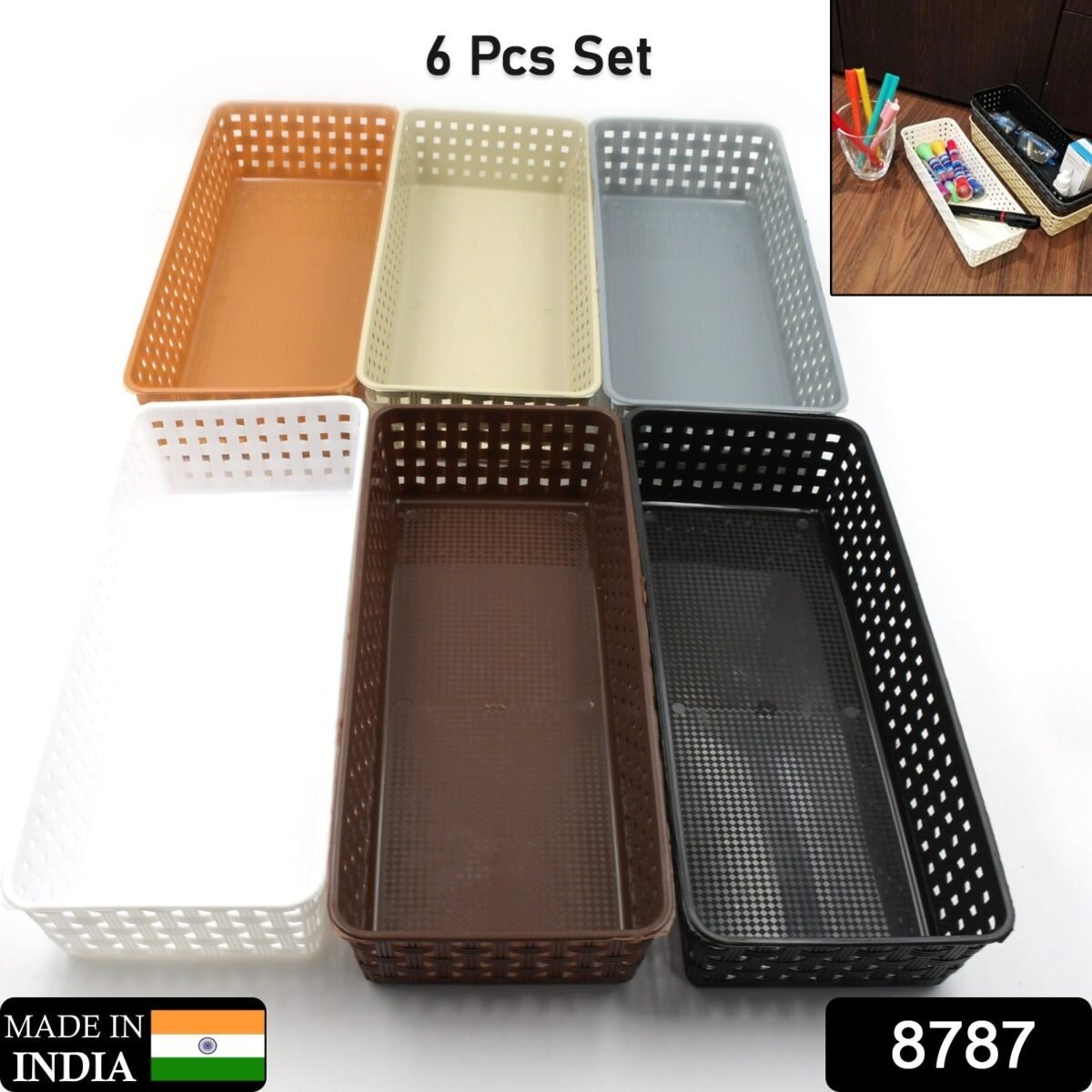 Plastic Multipurpose Desk Organizer Tray Office Drawer Dividers Storage Bins for Kitchen, Bathroom, Office, Makeup, Bedroom Dresser, Craft Basket Rack Multicolour (6 Pcs Set) - Image 2