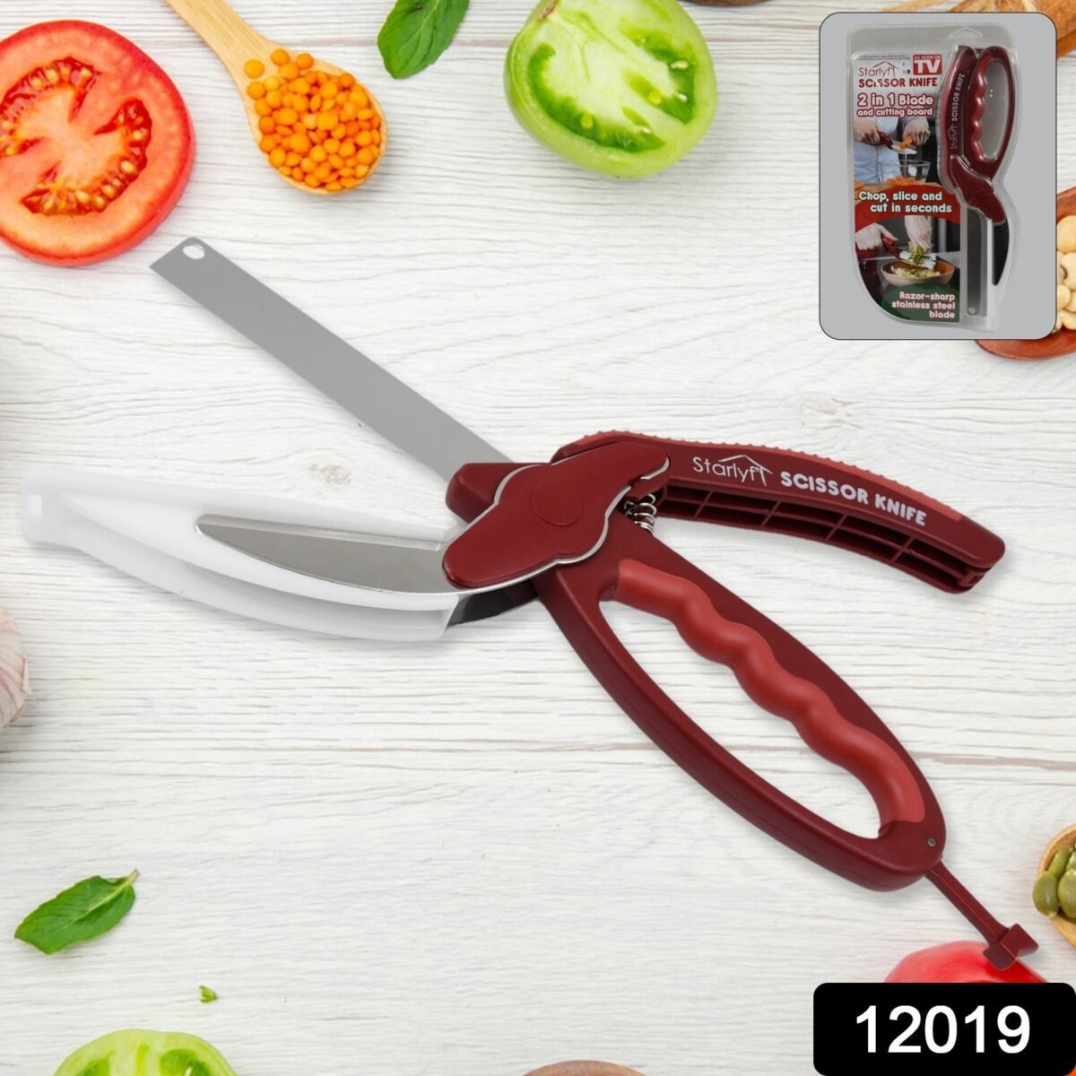 2 in 1 Kitchen Knife Scissor with Spring Locking Hinge and Chopping Board (1 Pc / With Card Packing) - Image 2
