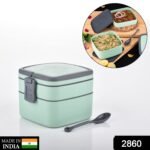 GREEN DOUBLE-LAYER PORTABLE LUNCH BOX STACKABLE WITH CARRYING HANDLE AND SPOON LUNCH BOX , Bento Lunch Box - Image 2