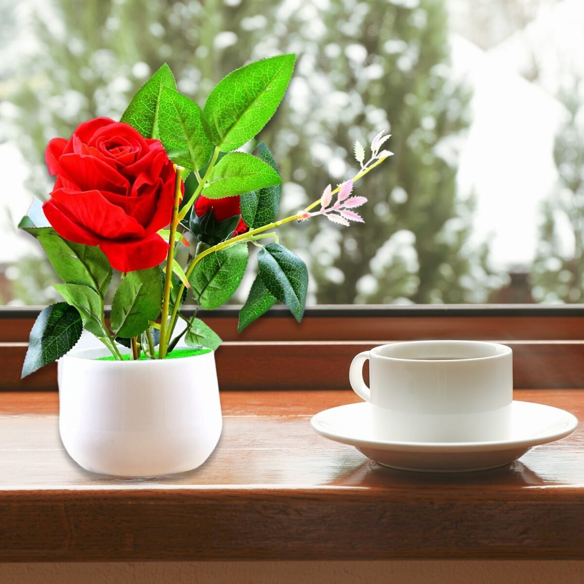 Artificial Rose Flower Plant With Pot, For Home Office Or Gift - Image 1