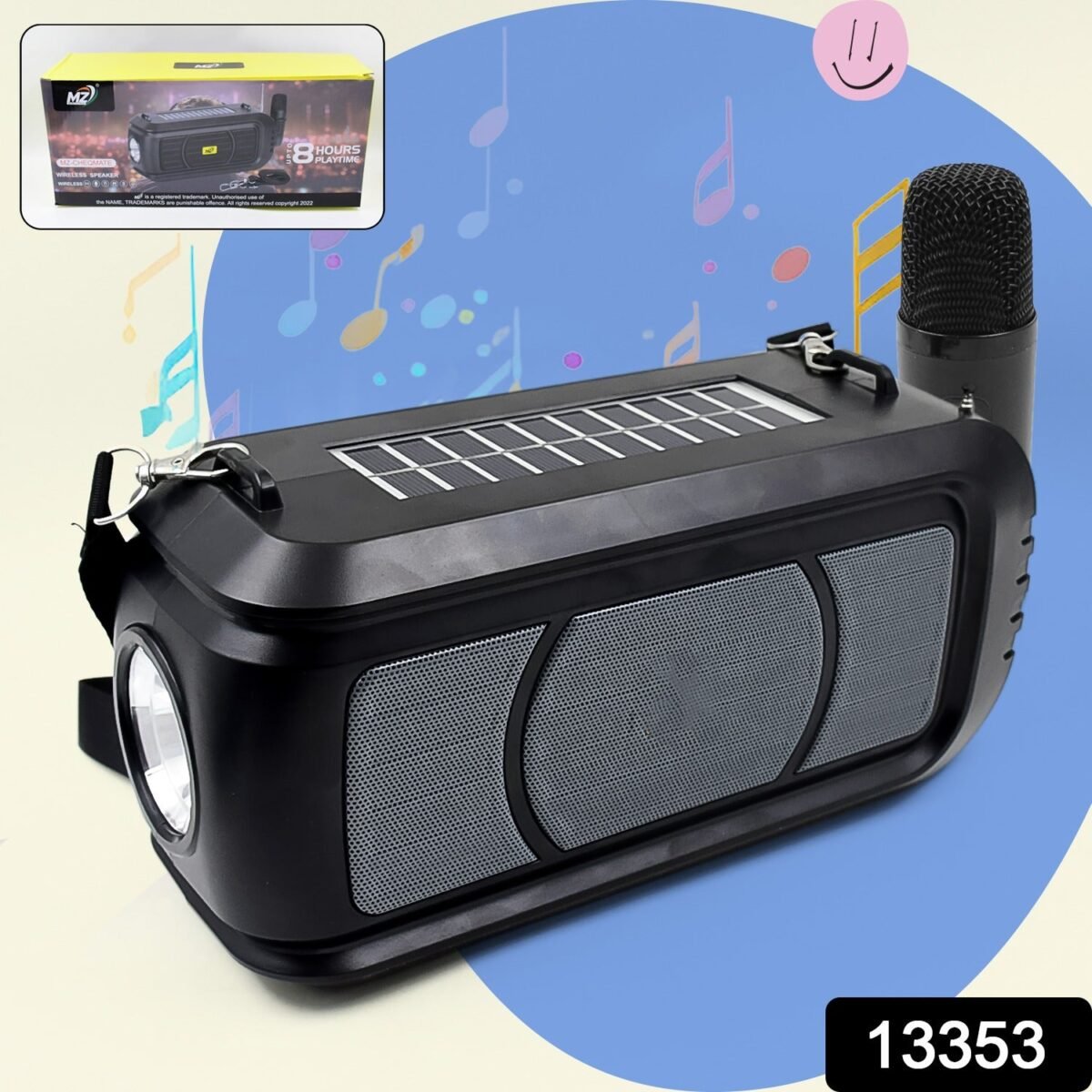 Wireless Bluetooth Speaker 5W High Bass with Wireless Mic / Microphone, LED Torch, Solar Charging, Support USB & Adjustable Strap (1 Set) - Image 3