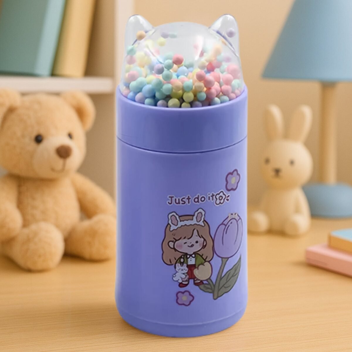Girl Glass Water Bottle for School with Kid Sparkle Strap Cat Lid Sequins Glitter Glass Cup Birthday Gift Children 350ml (MOQ :- 75 pc) - Image 1