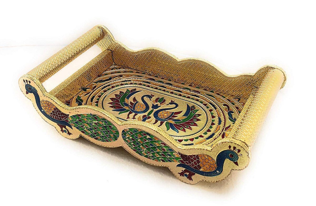 Peacock Design Glass with Handle and Handicraft Serving Tray Set - Image 2