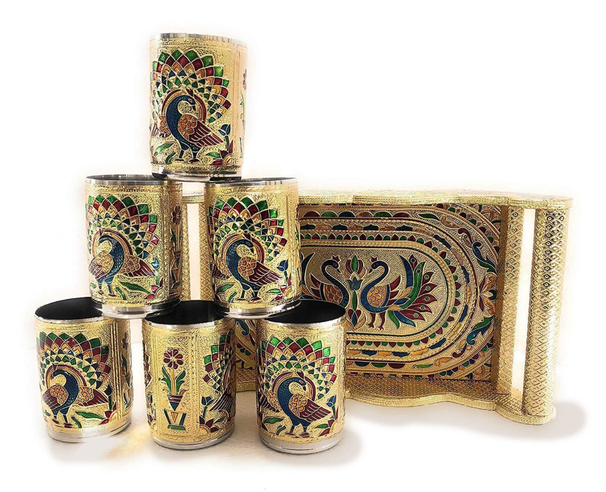 Peacock Design Glass with Handle and Handicraft Serving Tray Set - Image 4
