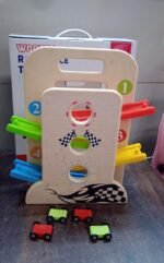 Wooden Ramp Racer Race Track Vehicle Play sets With 4 Mini Racers (with Handle) - Image 7