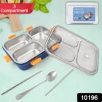 3 Compartment Transparent Stainless Steel Lunch Box with a Spoon and a Pair of Chopsticks (1 Set) - Image 2