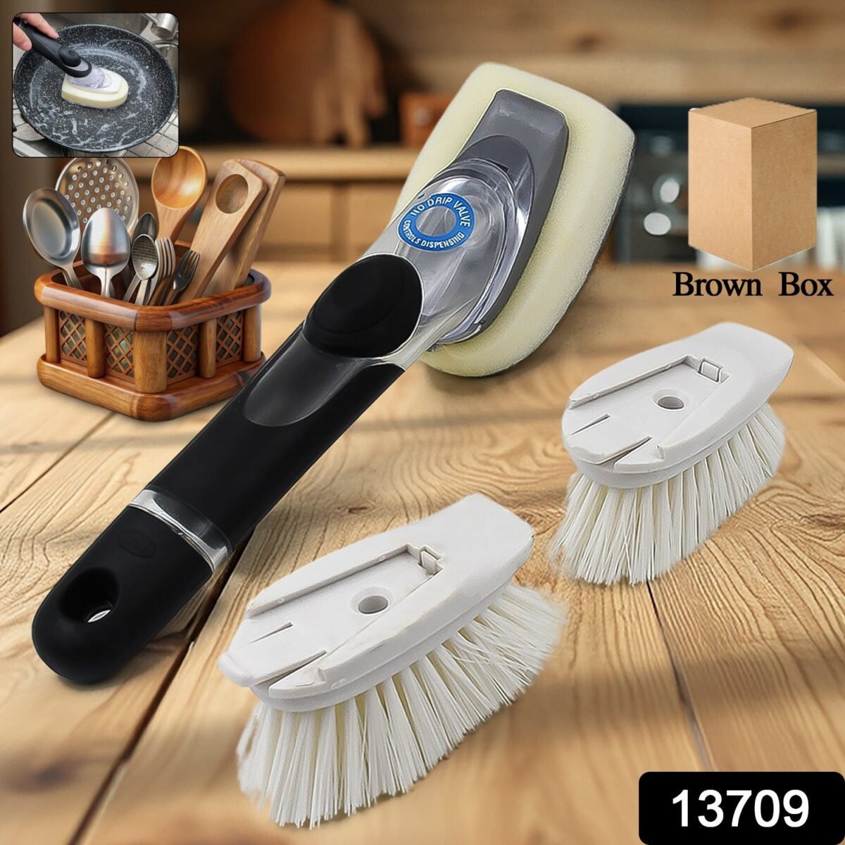 Dish Scrubber with Soap Dispenser, Soap Dispensing Dish Brush Set (1 Set / With Brown Box) - Image 2